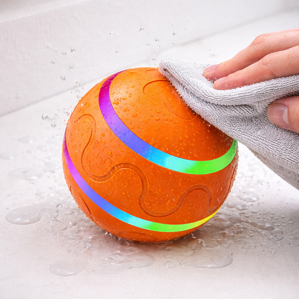 Limpieza superficial de OrbitBall Pro con paño húmedo y salpicaduras