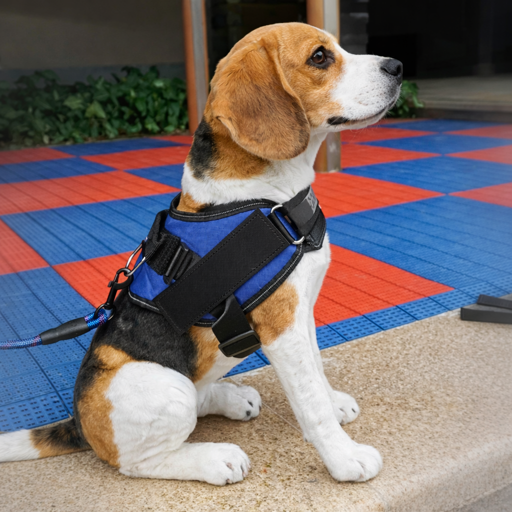 Perro con AeroFit Set azul puesto: arnés ajustable con correa para paseo diario