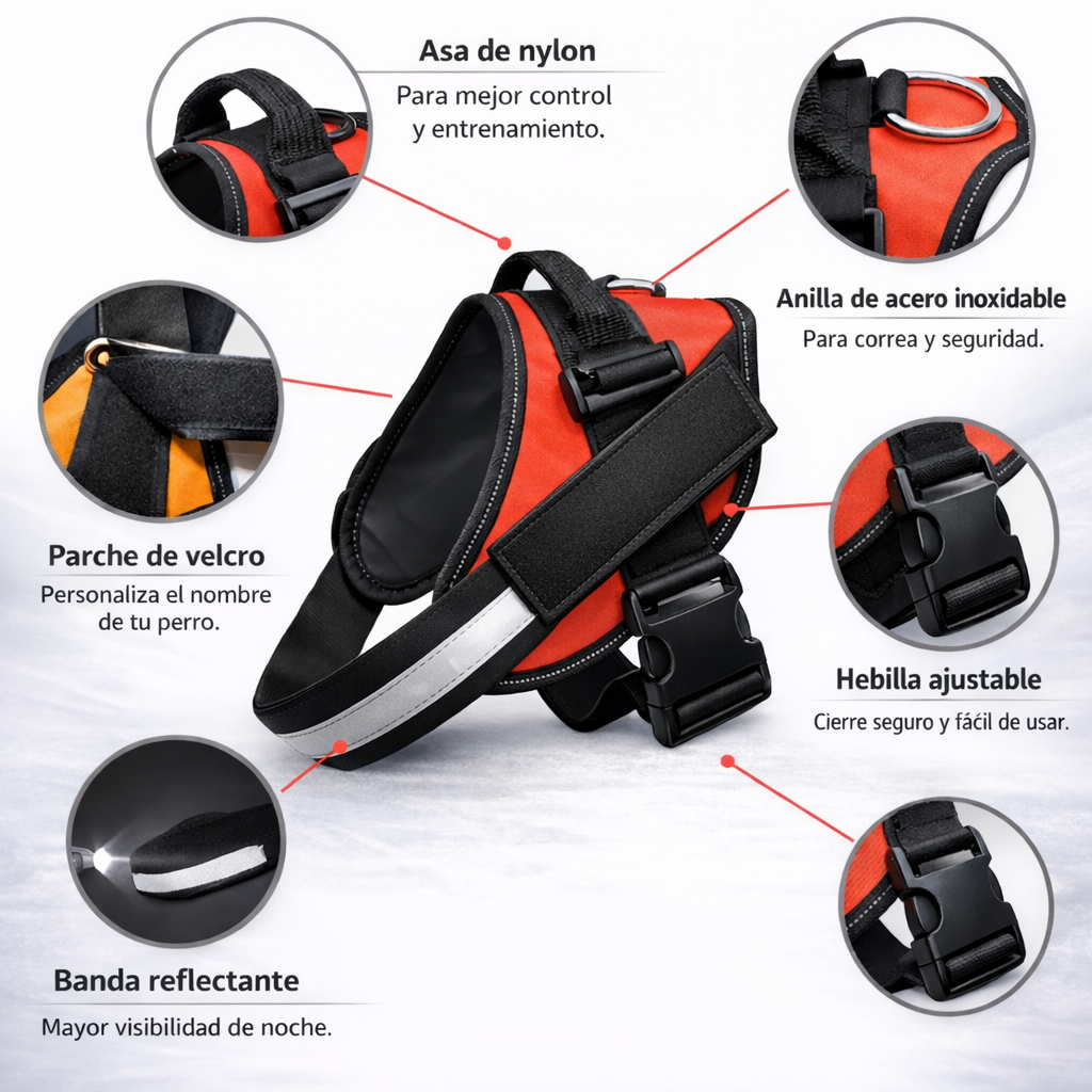 Detalles del AeroFit Set: asa superior, anilla metálica, banda reflectante y cierres seguros