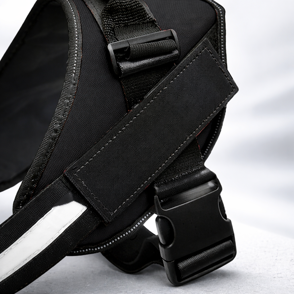 Detalle del arnés: ajuste por correa y banda reflectante para mayor visibilidad