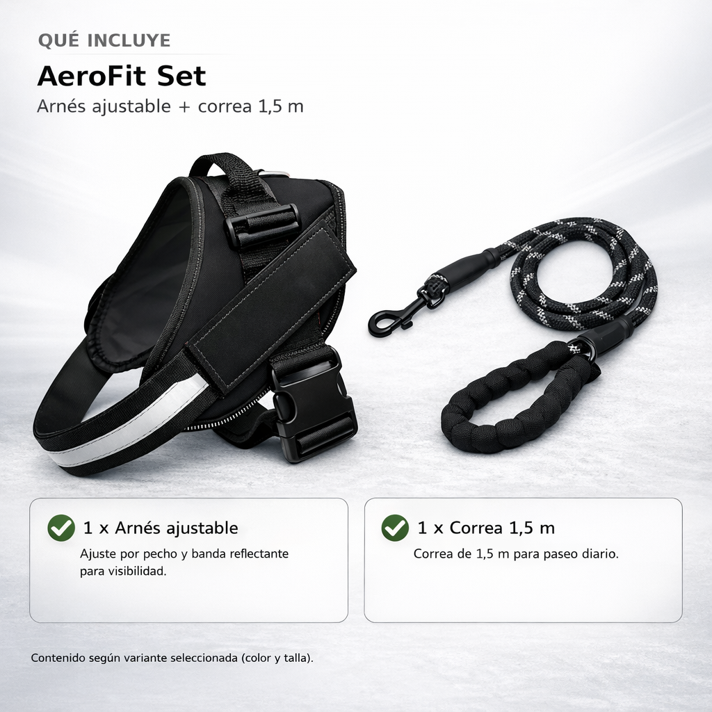 Contenido del AeroFit Set: arnés ajustable y correa de 1,5 m (según color y talla)