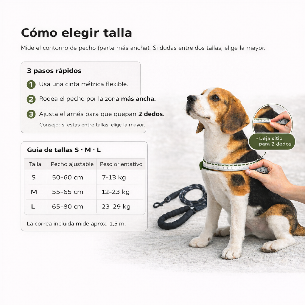 Cómo medir el pecho del perro para elegir la talla del arnés (S, M, L)