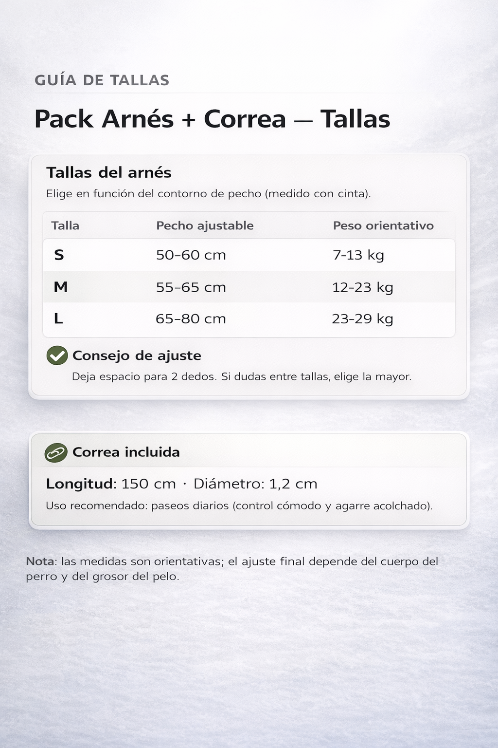 Guía de tallas AeroFit Set: contorno de pecho y peso orientativo (S, M, L)