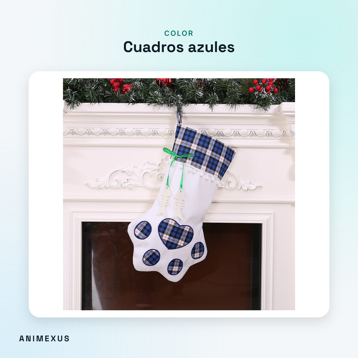 Calcetín de Navidad PawStocking con cuadros azules y huella