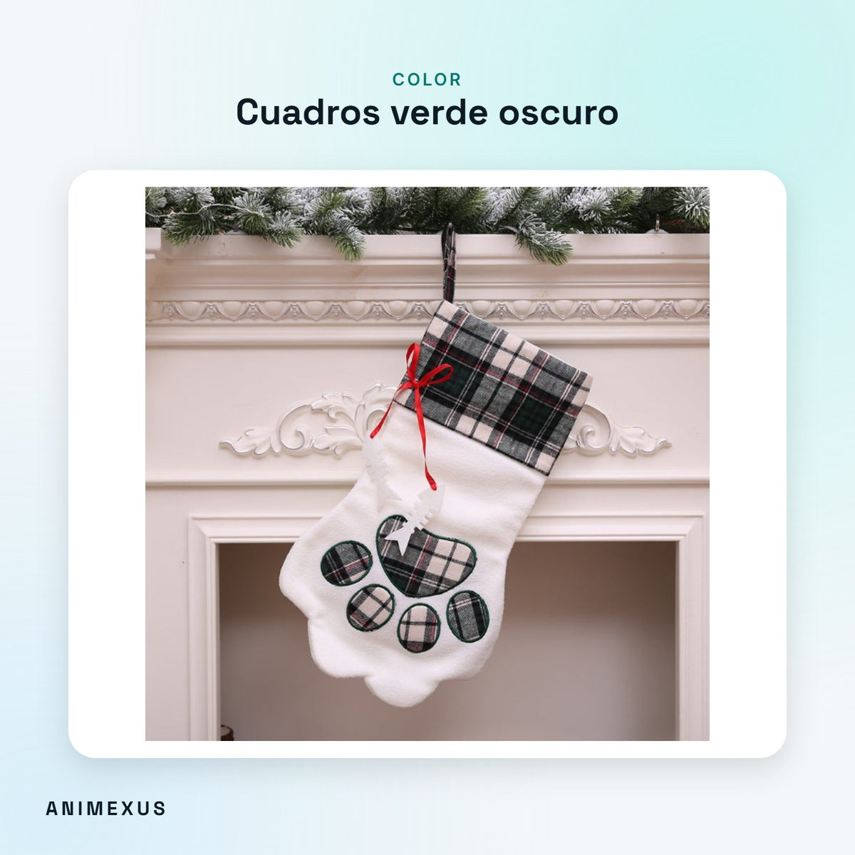 Calcetín de Navidad PawStocking con cuadros verde oscuro y huella