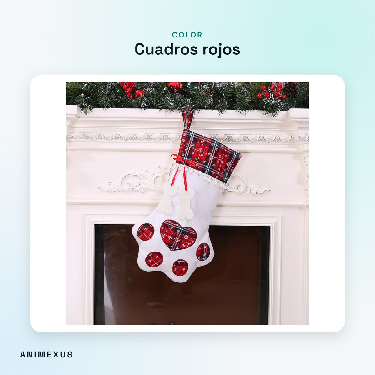 Calcetín de Navidad PawStocking con cuadros rojos y huella
