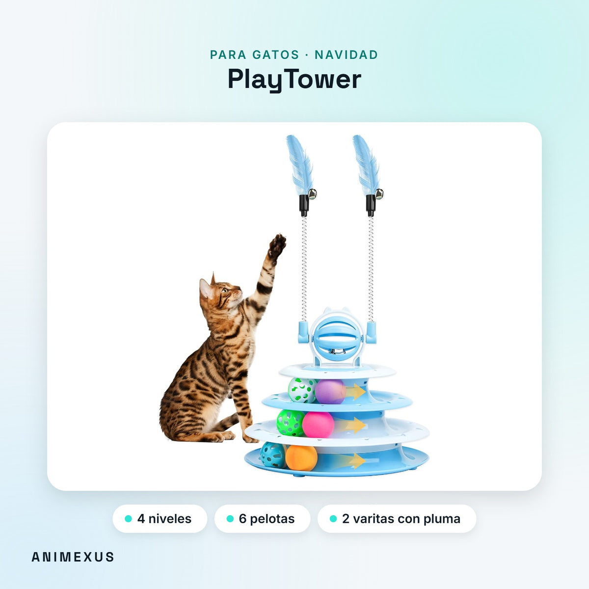 PlayTower, torre de juego de 4 niveles para gatos con un gato jugando con las plumas