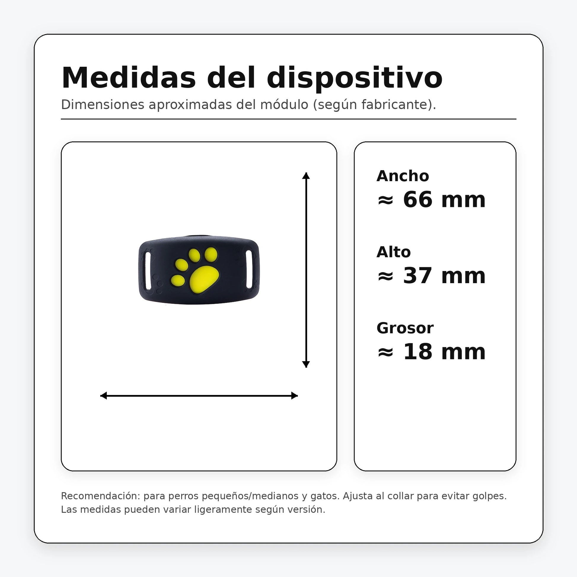 Medidas aproximadas del localizador Secure