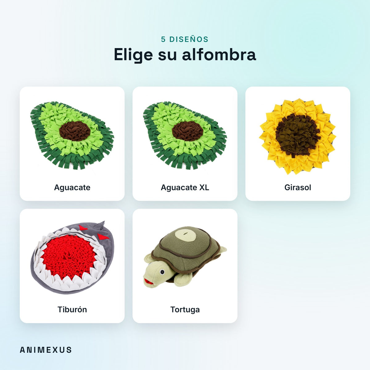 Los 5 diseños de la alfombra olfativa SniffMat: aguacate, aguacate XL, girasol, tiburón y tortuga