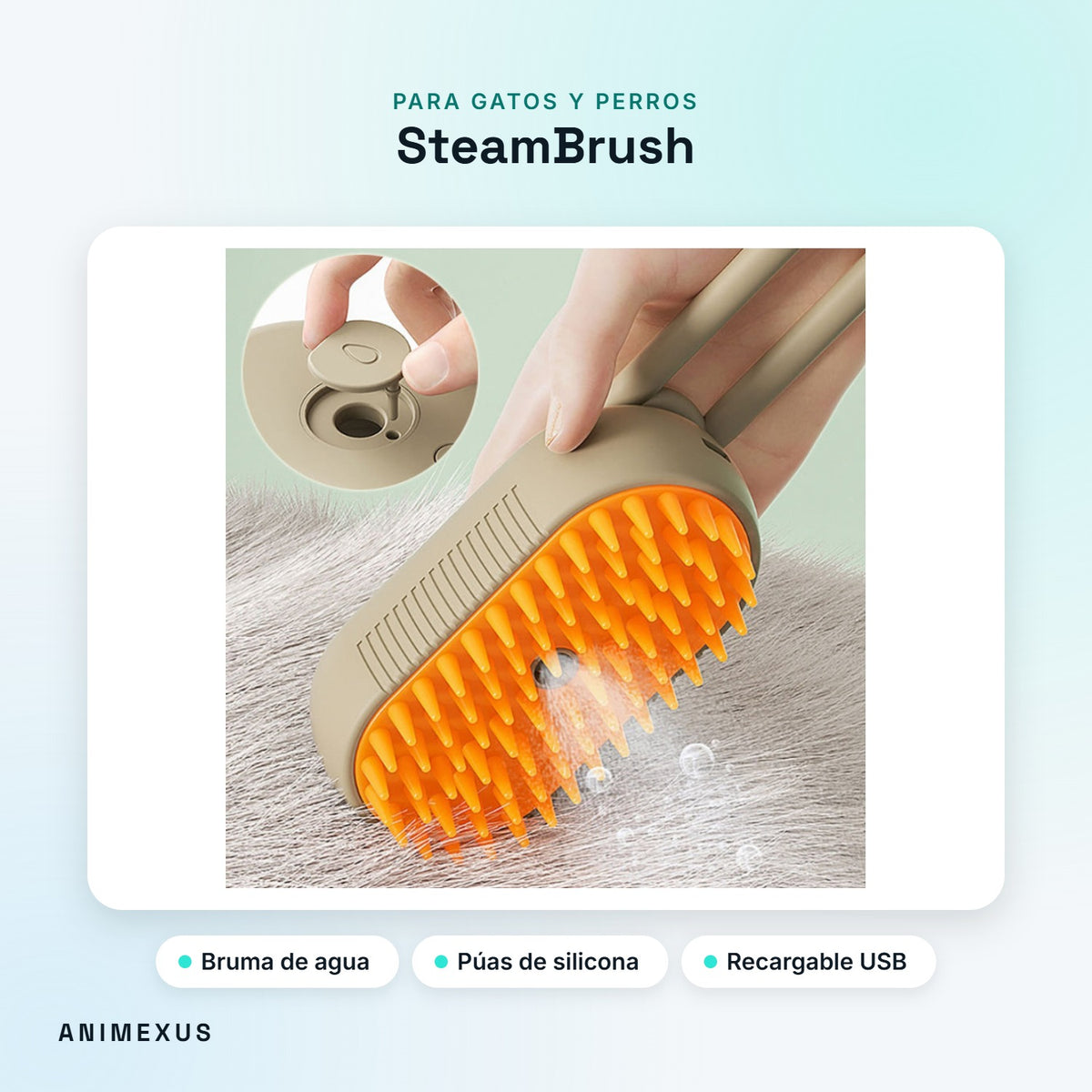 SteamBrush, cepillo con bruma de agua y púas de silicona cepillando el pelo de una mascota
