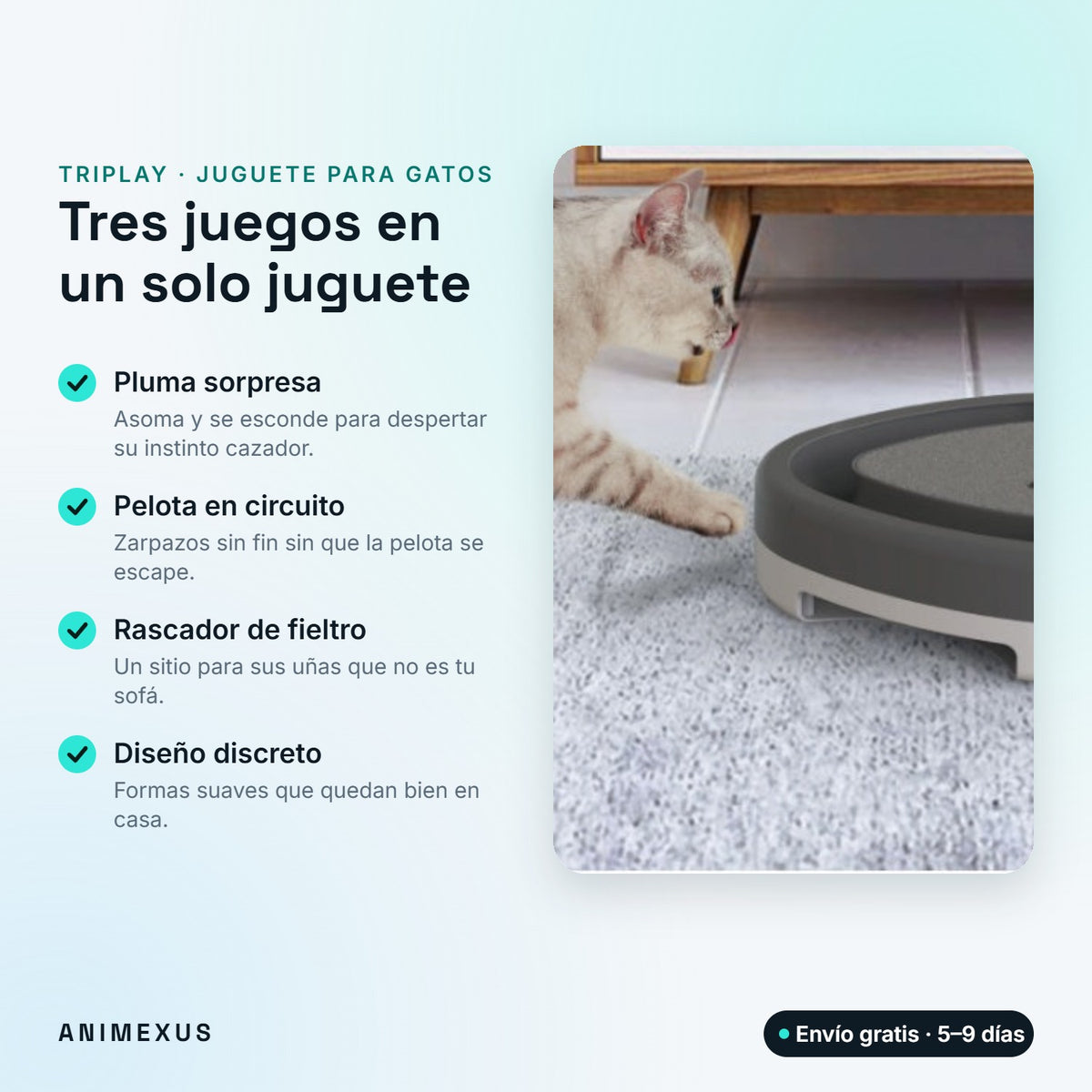 TriPlay, juguete interactivo 3 en 1 para gatos con pluma sorpresa, pelota en circuito y rascador de fieltro
