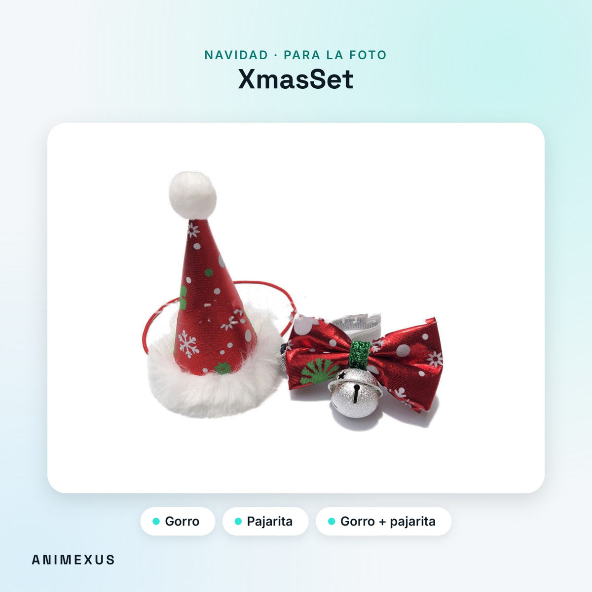 XmasSet, gorro de Papá Noel y pajarita roja con cascabel para mascotas